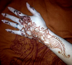 $35 This bold but elegant floral henna design is up to full color after being given proper aftercare.  Take care of your henna to get the best possible color.